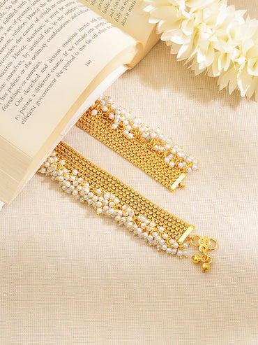 Set of 2 Gold Plated Pearl Beaded Anklets