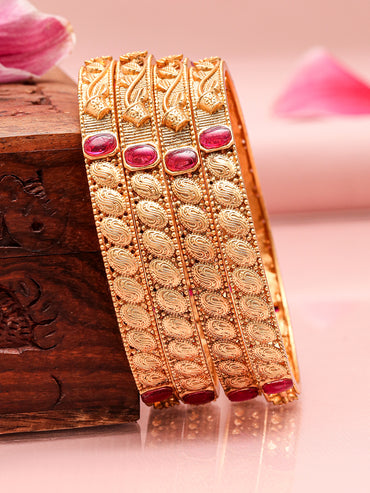 Rubans Set of 4 22K Gold-Plated Ruby Pink Stone Studded Filigree Traditional Bangles