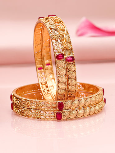 Rubans Set of 4 22K Gold-Plated Ruby Pink Stone Studded Filigree Traditional Bangles