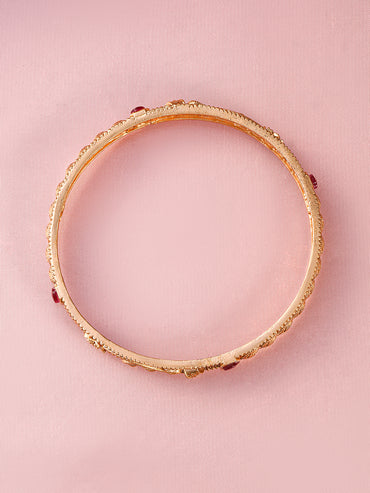 Rubans Set of 4, 22K Gold-Plated Ruby Pink Stone Studded Filigree Traditional Bangles