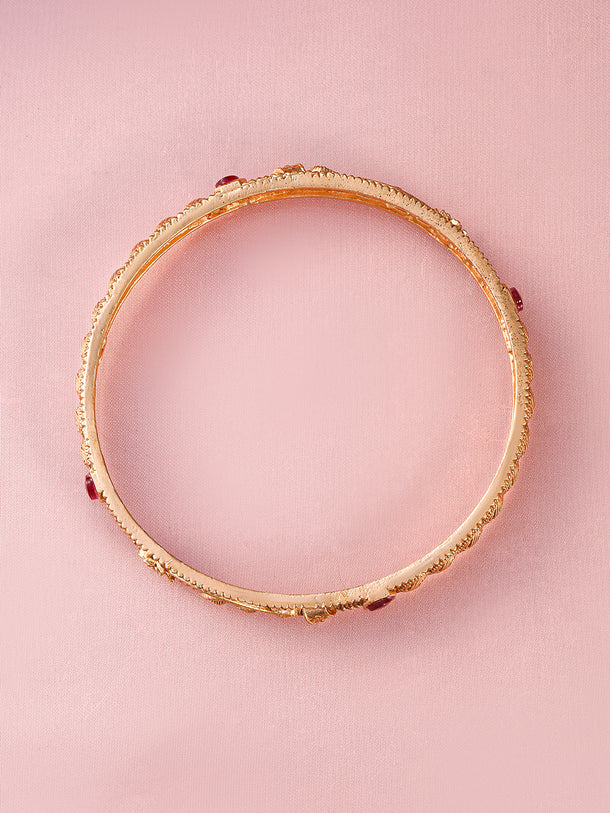 Rubans Set of 4, 22K Gold-Plated Ruby Pink Stone Studded Filigree Traditional Bangles