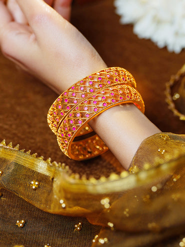 Gold Plated Lattice Ruby Crystal Bangles Set of 2