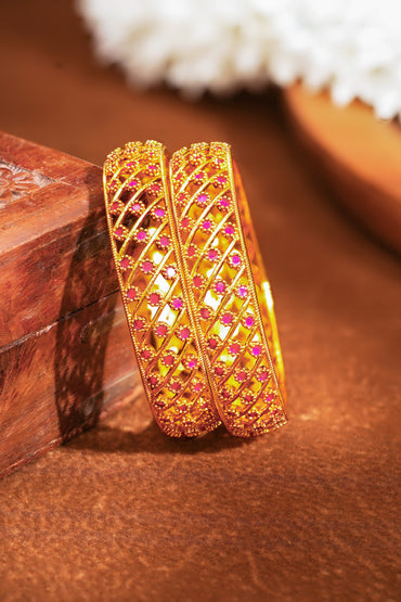 Gold Plated Lattice Ruby Crystal Bangles Set of 2