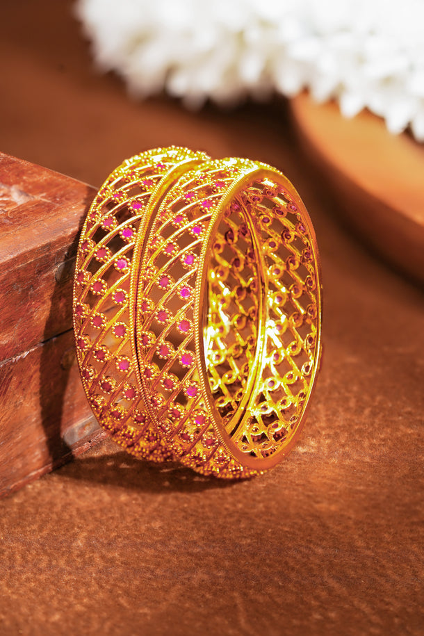 Gold Plated Lattice Ruby Crystal Bangles Set of 2