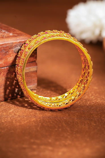 Gold Plated Lattice Ruby Crystal Bangles Set of 2