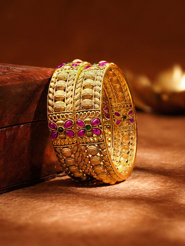 Set of 2 Gold Plated Textured Floral Traditional Bangles