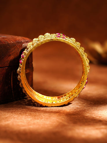 Set of 2 Gold Plated Textured Floral Traditional Bangles