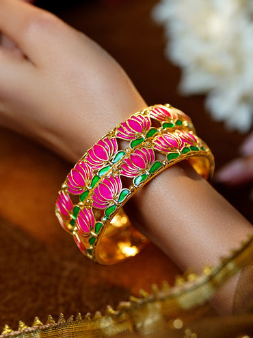 Set of 2 Gold Plated Pink Enamel Lotus Motif Bangles