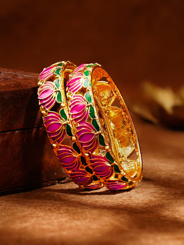 Set of 2 Gold Plated Pink Enamel Lotus Motif Bangles