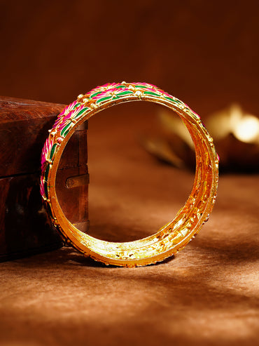 Set of 2 Gold Plated Pink Enamel Lotus Motif Bangles