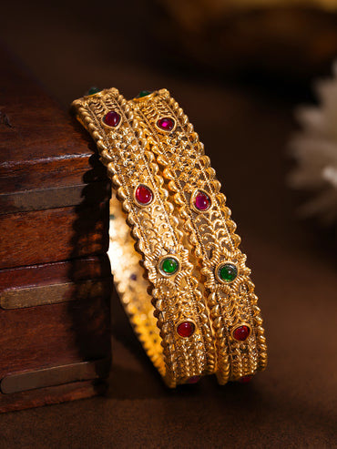 Gold Plated Scalloped Ruby Emerald Bangles Set of 2