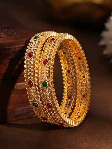 Gold Plated Scalloped Ruby Emerald Bangles Set of 2