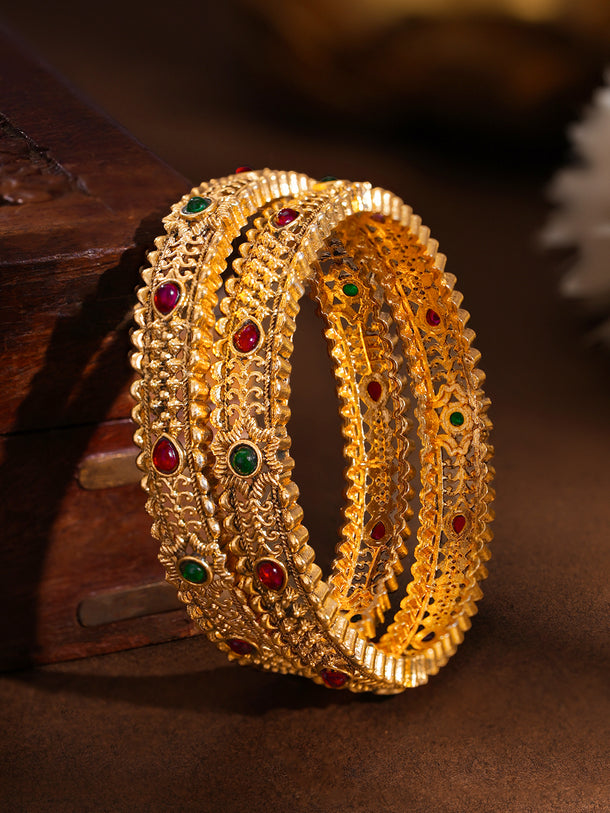 Gold Plated Scalloped Ruby Emerald Bangles Set of 2