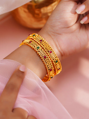 Gold Plated Scalloped Ruby Emerald Bangles Set of 2
