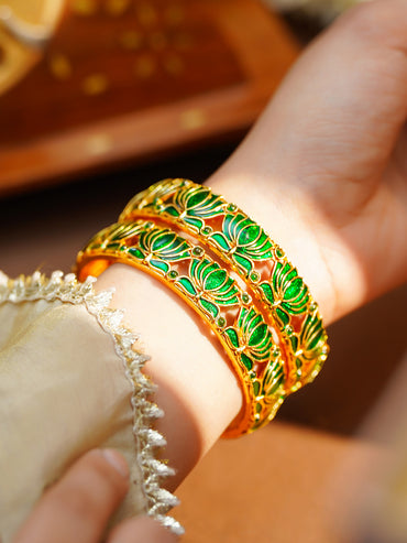 Gold Plated Green Lotus Enamel Bangles Set of 2