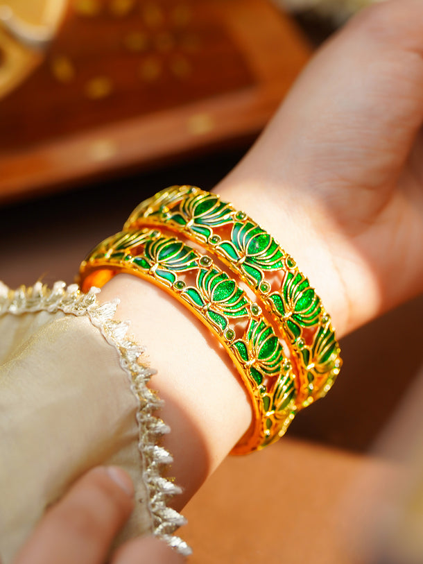 Gold Plated Green Lotus Enamel Bangles Set of 2