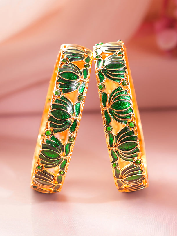 Gold Plated Green Lotus Enamel Bangles Set of 2
