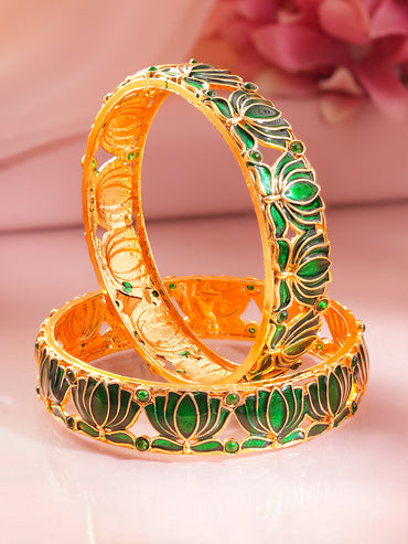 Gold Plated Green Lotus Enamel Bangles Set of 2