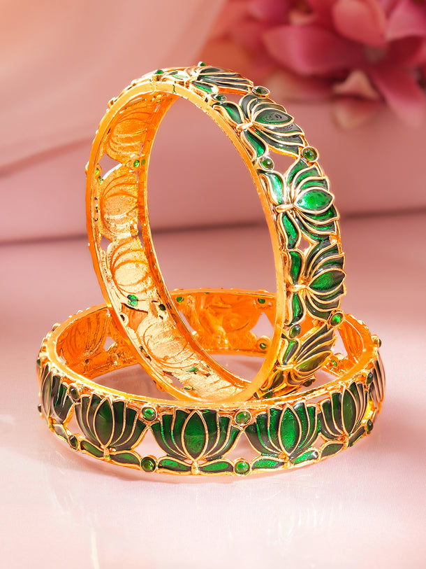Gold Plated Green Lotus Enamel Bangles Set of 2