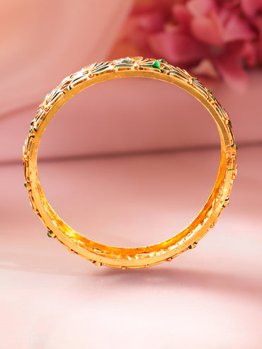 Gold Plated Green Lotus Enamel Bangles Set of 2