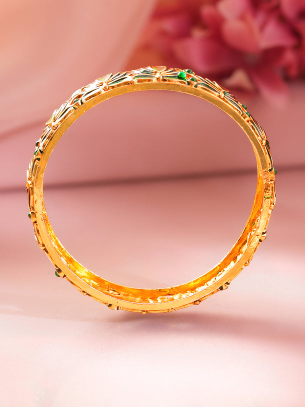 Gold Plated Green Lotus Enamel Bangles Set of 2