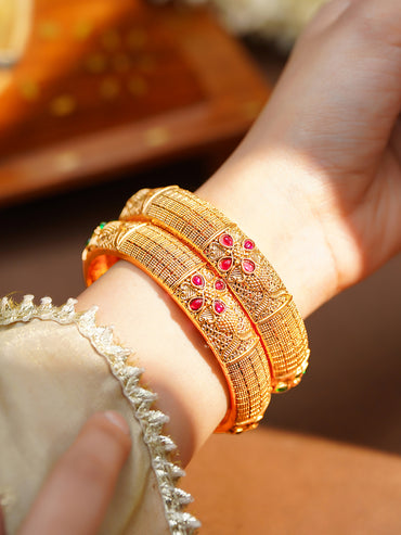 Gold Plated Textured Ruby Emerald Bangles Set of 2