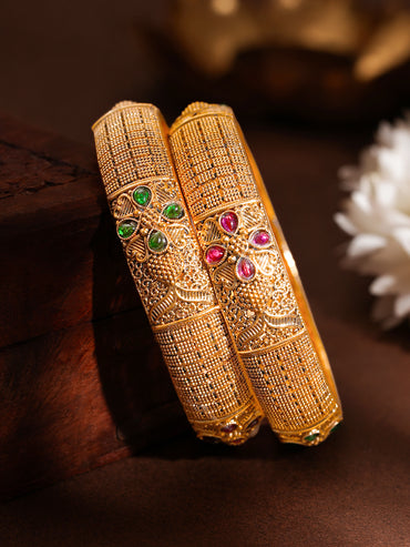 Gold Plated Textured Ruby Emerald Bangles Set of 2