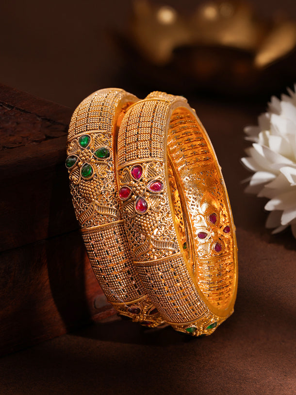 Gold Plated Textured Ruby Emerald Bangles Set of 2