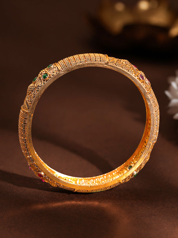 Gold Plated Textured Ruby Emerald Bangles Set of 2
