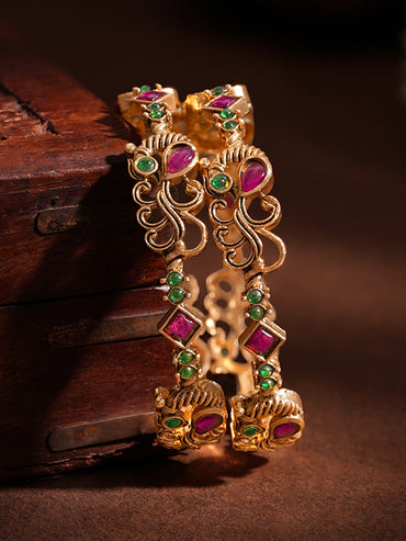 Gold Plated Scroll Ruby Emerald Bangles Set of 2