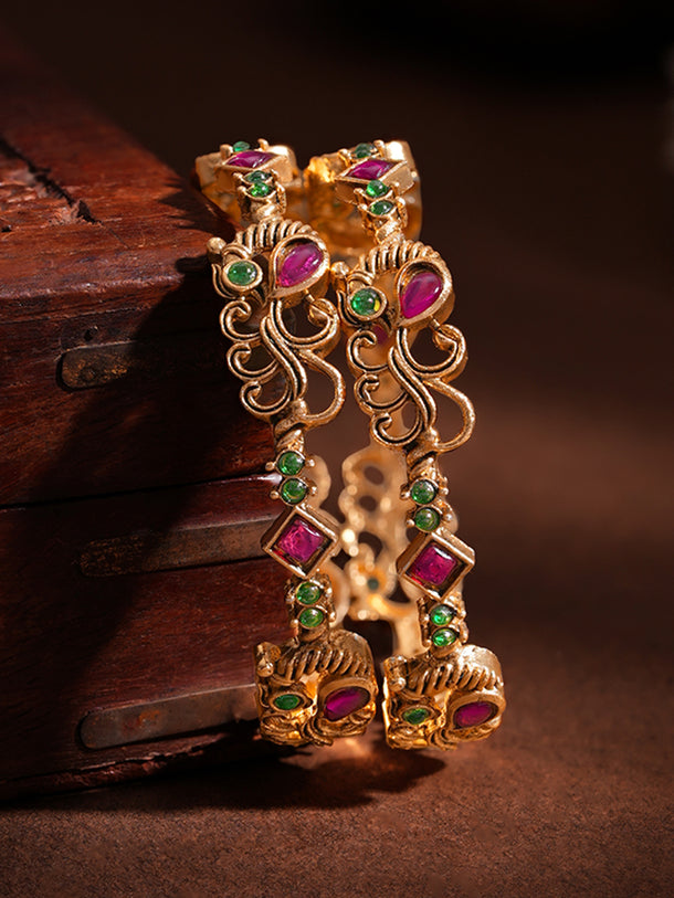 Gold Plated Scroll Ruby Emerald Bangles Set of 2