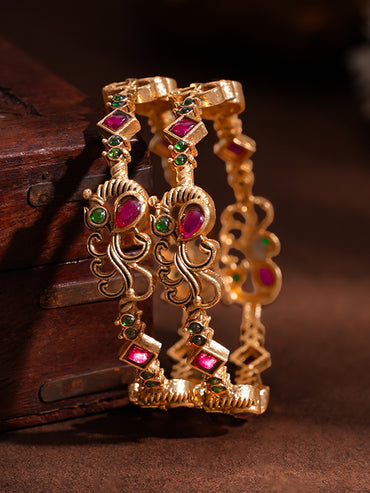 Gold Plated Scroll Ruby Emerald Bangles Set of 2