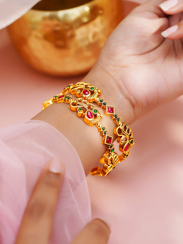 Gold Plated Scroll Ruby Emerald Bangles Set of 2