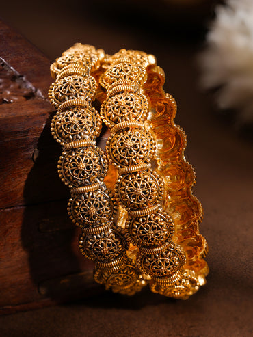 Gold Plated Floral Medallion Bangles Set of 2