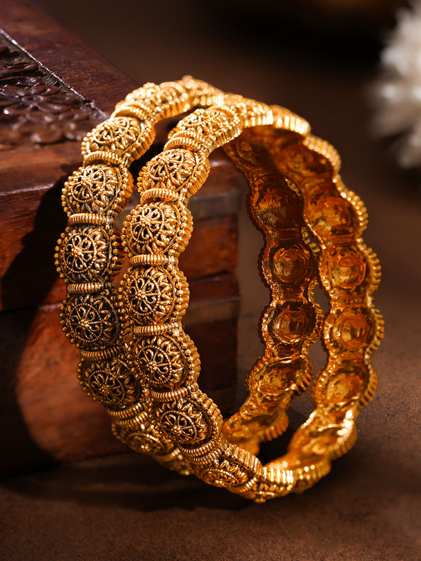 Gold Plated Floral Medallion Bangles Set of 2