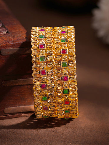 Gold Plated Paisley Ruby Emerald Bangle Set of 2