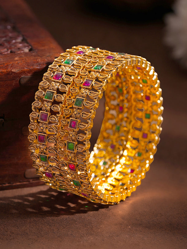Gold Plated Paisley Ruby Emerald Bangle Set of 2