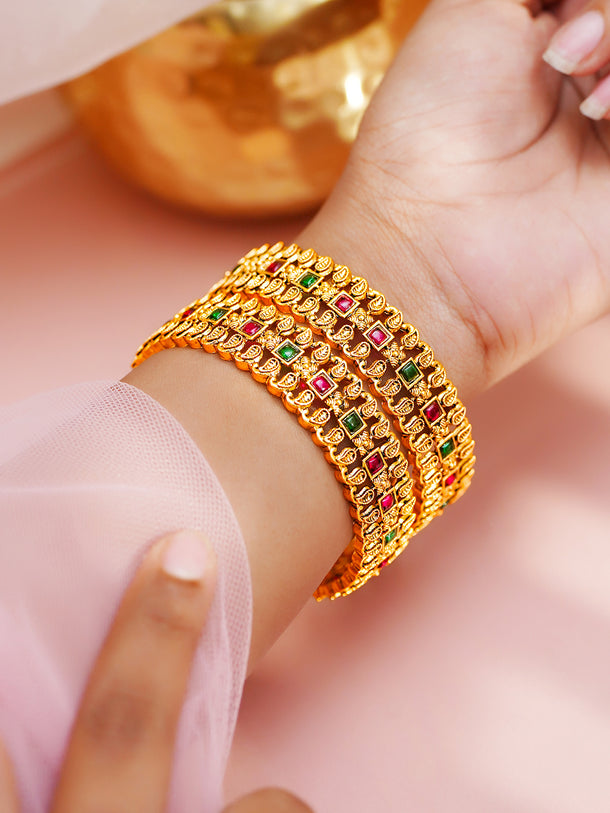 Gold Plated Paisley Ruby Emerald Bangle Set of 2