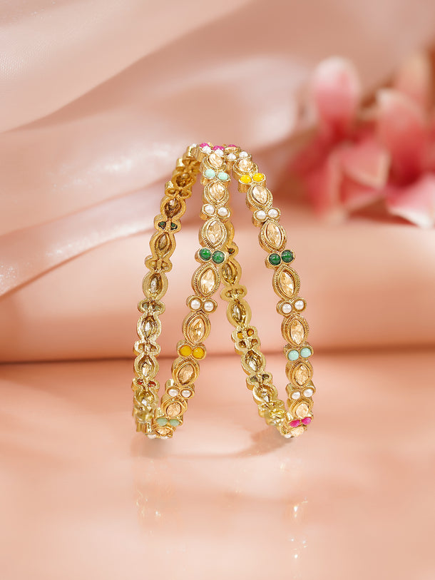 Rubans Set of 2 Gold Plated Multicolor Kundan Bangles