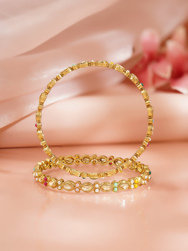Rubans Set of 2 Gold Plated Multicolor Kundan Bangles
