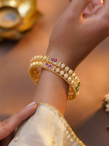 Rubans Set of 2 Pink & Green Studded Bangles In Gold Tone