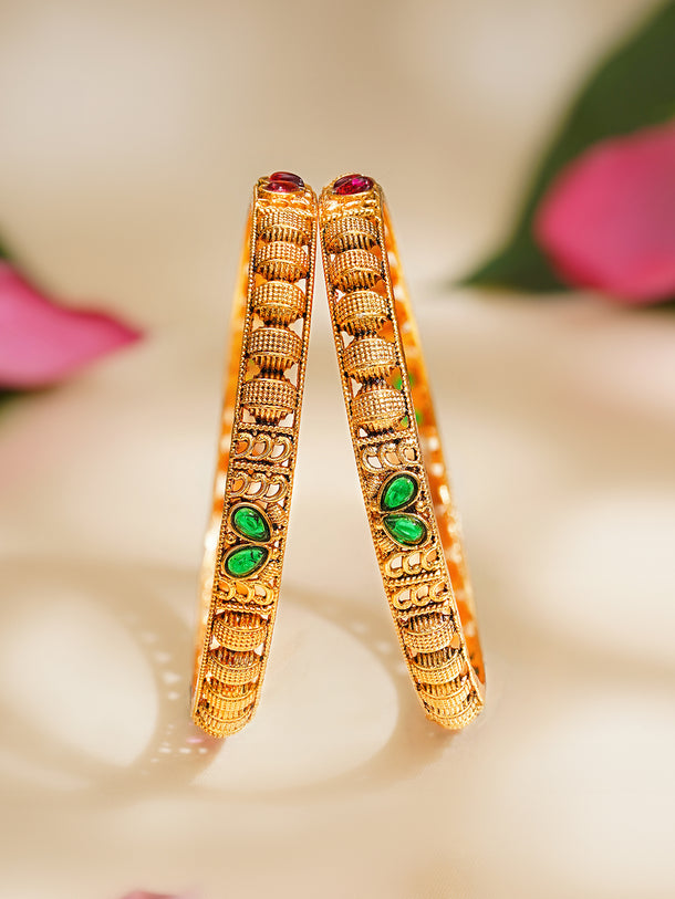 Rubans Set of 2 Pink & Green Studded Bangles In Gold Tone