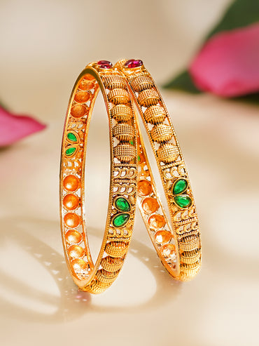 Rubans Set of 2 Pink & Green Studded Bangles In Gold Tone