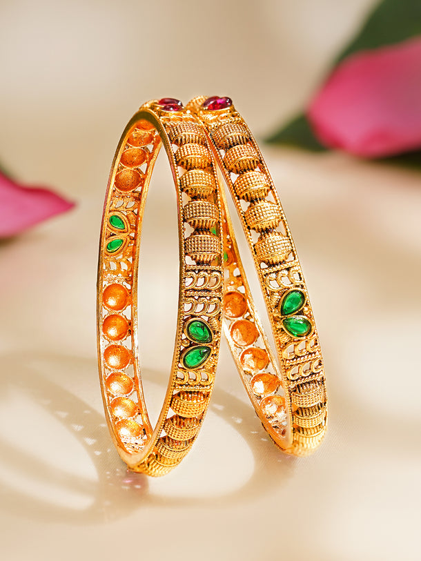 Rubans Set of 2 Pink & Green Studded Bangles In Gold Tone