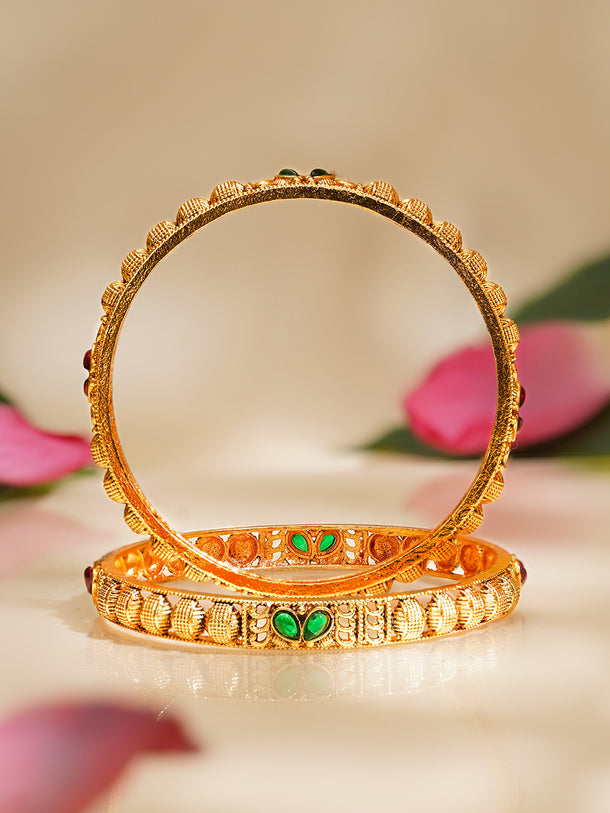 Rubans Set of 2 Pink & Green Studded Bangles In Gold Tone