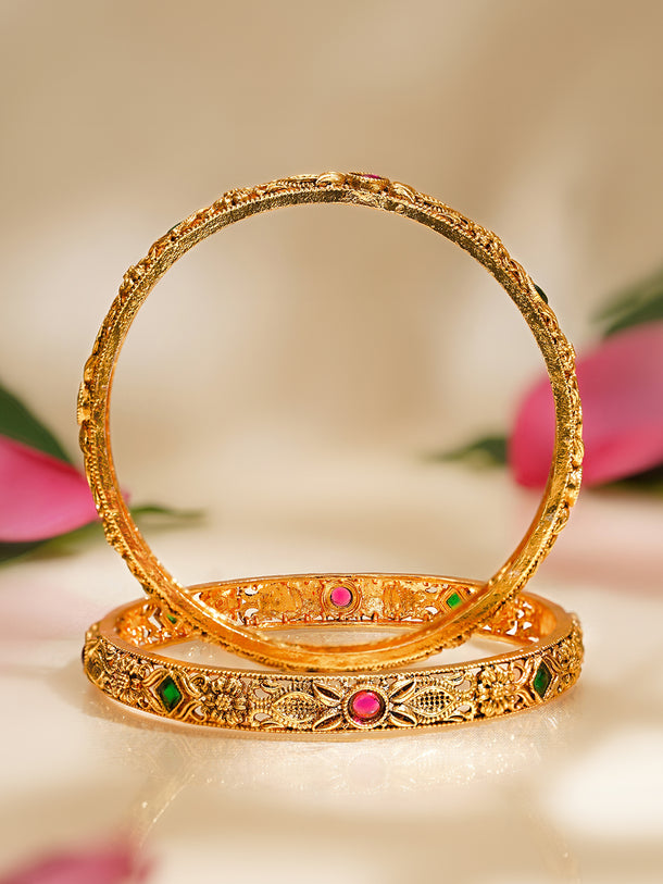 Rubans Set of 2 Pink & Green Studded Floral Bangles In Gold Tone