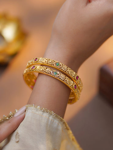 Rubans Set of 2 Pink & Green Studded Floral Bangles In Gold Tone