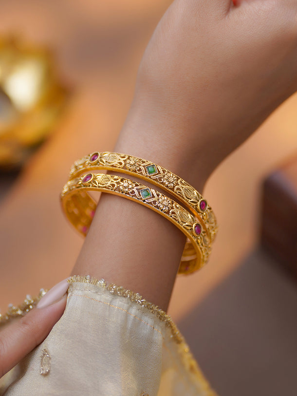 Rubans Set of 2 Pink & Green Studded Floral Bangles In Gold Tone