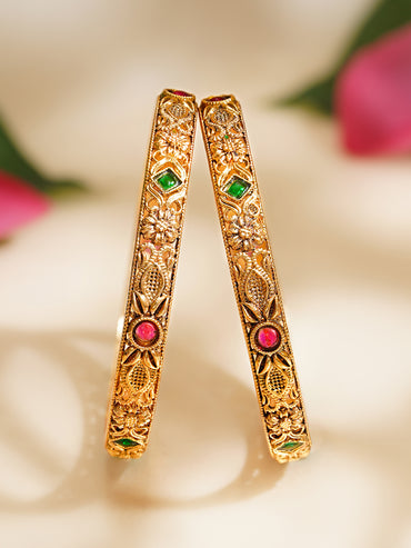 Rubans Set of 2 Pink & Green Studded Floral Bangles In Gold Tone