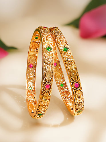 Rubans Set of 2 Pink & Green Studded Floral Bangles In Gold Tone